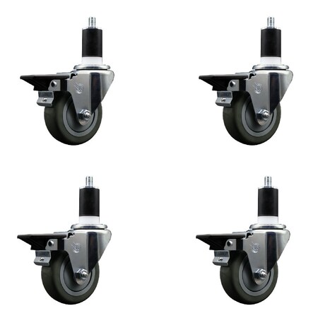 Service Caster 3.5'' Gray Poly Swivel 1-1/2'' Expanding Stem Caster Set with Brake, 4PK SCC-EX20S3514-PPUB-PLB-112-4